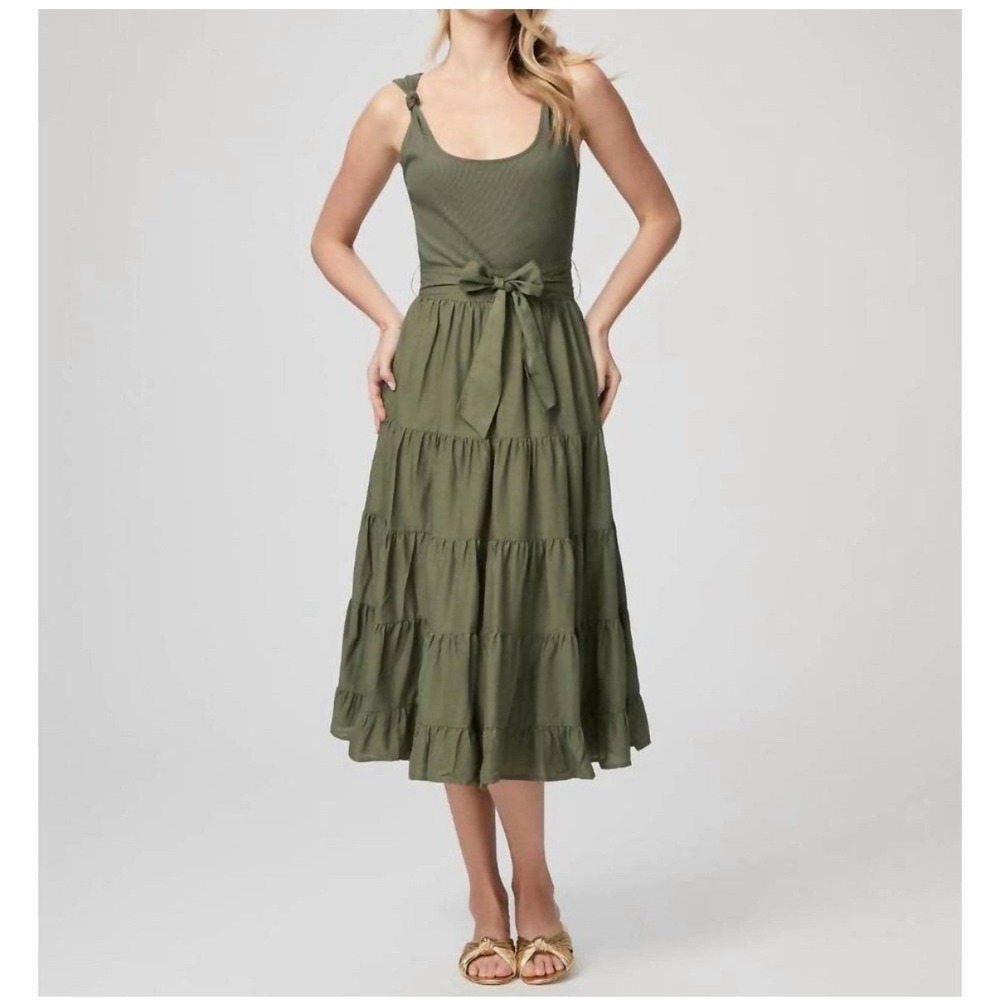 NEW Paige Samosa Dress Women Large Olive Green Tiered‎ Midi Ribbed Boho Cruise